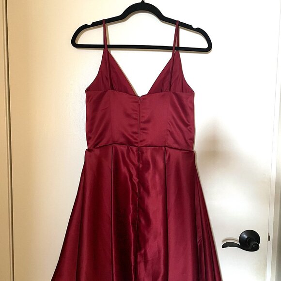 Burgundy A-line V-Neck Knee-Length Satin Dress from JJ's House - Picture 5 of 6